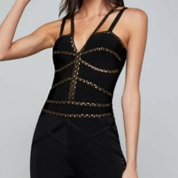 💋 BEBE Black Studded Bandage Bodycon Jumpsuit XS to S RARE 💋 - Picture 6 of 6